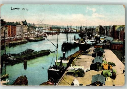 Stettin 1907 Hafen mit Speichern Danpfschiffen und Segelschiffen