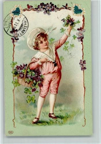 1911 Verlag Seemann - Junge mit Blumenkorb, Veilchengirland, Herzsen