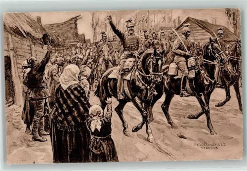 Tschenstochau Der große Krieg 1914/15 Unsere Ulanen besetzen Czenstochau Feldpost WK I Bayer. Res.-Art. 14 Wohlfahrts-Karte des Reichsverband zur Unterstützung deutscher Veteranen EV sign Curt Schulz