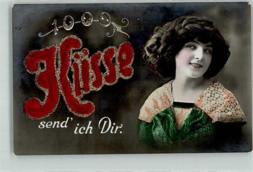 mit Glimmer/Glitzerauflage 1000 Küsse sende ich Dir Poesie Haarmode 1916 Foto AK