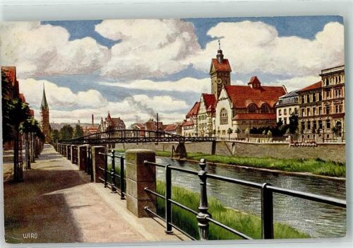 Pforzheim Enzpromenade mit Stadtbad und Gewerbeschule Aquarell sign. Wiro Serie Pforzheim 2678A