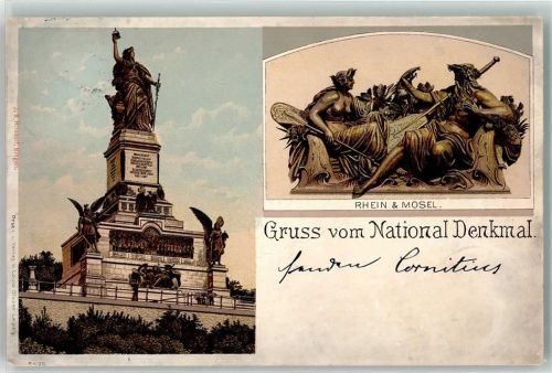 65385 W6220 Niederwald , Jagdschloß 1900 Lithographie Rhein und Mosel Nationaldenkmal