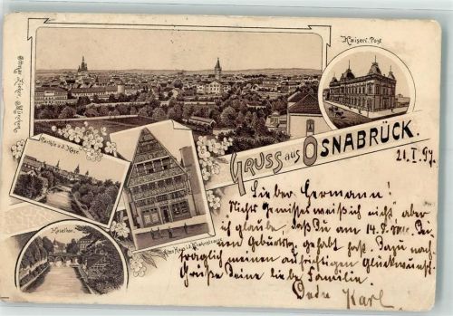 Osnabrück 1897 Postamt Kranhstrasse Hasetor Lithograhie