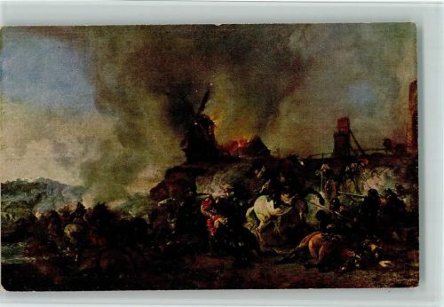 1910 - 1920 Reitergefecht vor der brennenden Windmühle Gemälde von sign. Wouwerman