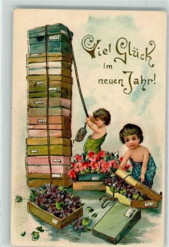1905 Zwei kleine Jungen packen Kisten voller Blumen Lithographie