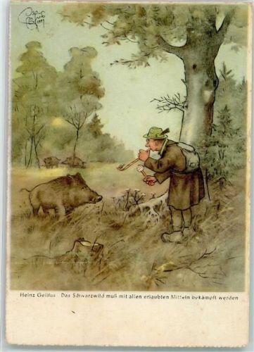 1952 agd Jäger mit einer Pusterolle Wildschwein