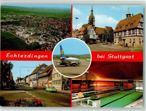 70771 W7022 Echterdingen - Luftaufnahme Gesamtansicht Fachwerkhäuser Flugzeug am Flughafen Schwimmbad Innenaufnahme Mehrfachaufnahme