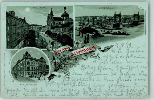 Mannheim 1899 Lithograhpie Postamt Schillerplatz Neckarbrücke