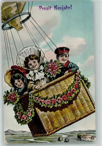 1907 Kinder im Ballonkorb mit Rosengirlande geschmückt Neujahr