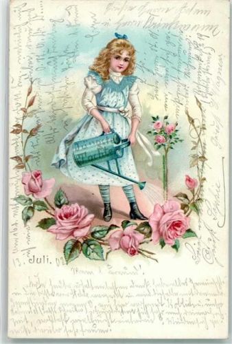 Juli Rosengirlande Mädchen Gießkanne Monat 1902 Lithographie / Künstlerkarte