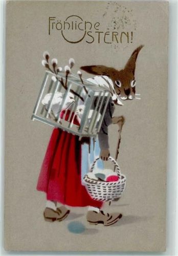 1914 Hase vermenschlicht Käfig auf dem Rücken mit kleine Küken darin