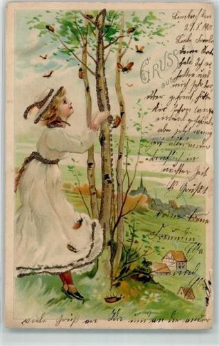 1901 mit Glimmer/Glitzerauflage Mädchen schüttelt die Birke