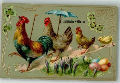 1909 Hahn Henne Küken Glücksklee