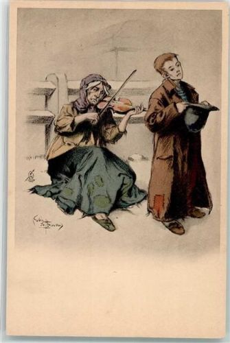 1900 Geigerin Kind mit Hut Bettler Armut sign. Lubin de Beauvais