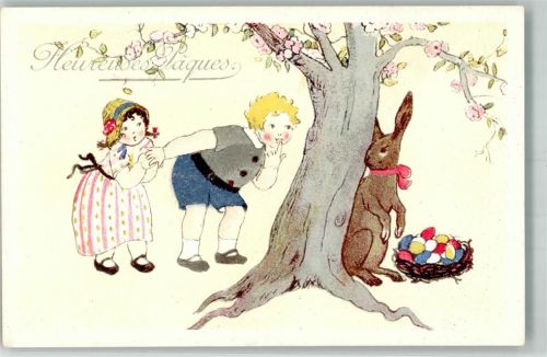 1933 Heureuses Paques Kind Nest mit bunten Eiern , Hase