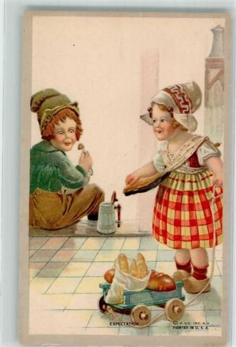 sign. Greiner Expectation Kinder Bäckerin Tracht Holzschuhe Lecker Brot Bierkrug Printed in USA