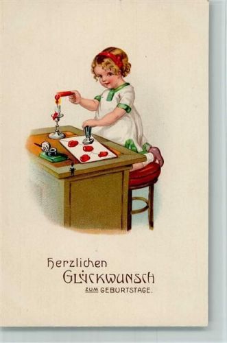 Mädchen mit einem Siegel, Tintenfaß - Geburtstag 1928 AK