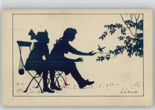 1928 Scherenschnitt Serie G I. Nr. 7 - Kinder mit Vogel - Tierschutzverein AK