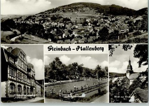 Steinbach-Hallenberg Gesamtansicht FDGB-Erholungsheim Fortschritt Schwimmbad Blick zur Kirche 4-Bildaufnahme