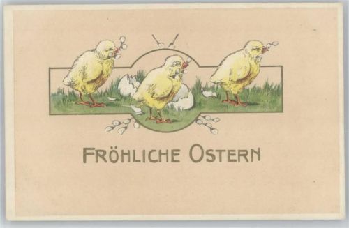 1910 Drei Küken mit Kätzchenzweige und Eierschalen