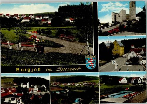 63637 W6485 Burgjoß - Ortsansichten Park Kirche Aral-Tankstelle VW-Käfer Kneipp-Becken Mehrfachaufnahme Wappen