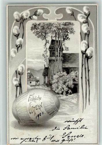 1905 Jugendstil - Osterei, Kätzchenzweige, Kirche AK