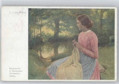 1917 sign Delahaye - Frau in Gedanken beim Häkeln