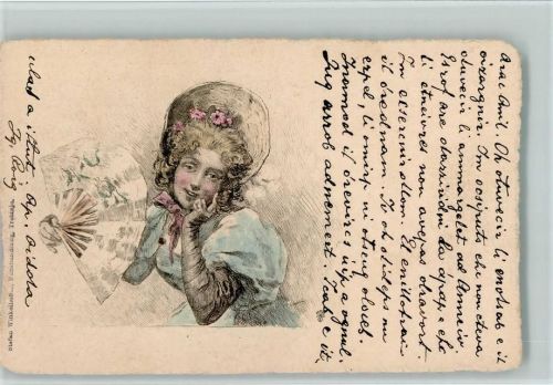 1901 Federzeichnung - Frau mit Fächer AK