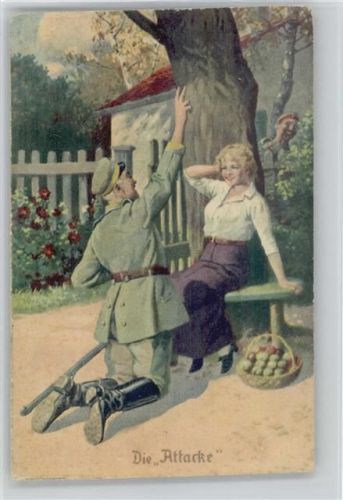 Immer Fachmann Nr. 9 - Die Attacke - Frau mit Äpfeln, der Soldat kniet vor ihr, und zeigt seinem Freund das Viktoria-Zeichen