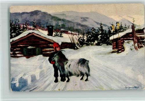 sign Gustav Wentzel - Winter - Kind mit einem Ziegenbock