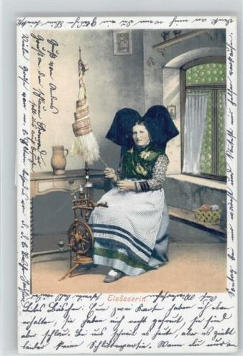1902 Trachten Elsass - Frau am Spinnrad