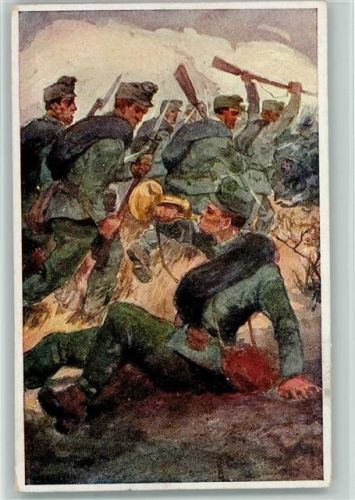 Nr. 355 - Soldaten Gefechte, Hornist bläst , selbst schon schwer verwundet - aus dem Goldenen Bucheder Armee Serie III AK Kriegsfürsorgeamt Künstlerkarte