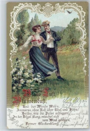 1900 Gedicht: Blaue Luft, Blumenduft - Liebespaar auf der Wiese - schöne Umrandung