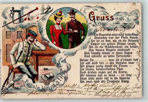 Parole Heimat - Traum in den Wolken - Reservist sitzt müde beim Glase und träumt Reserve Lithographie / Mondschein