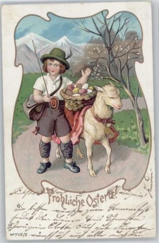 1904 Bayr. Junge mit einem Lamm und einem Korb voll bunter Eier