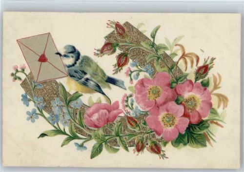 1907 Vogel mit einem Brief im Schnabel, Hufeisen im Golddruck, Vergissmeinnicht und Rosen