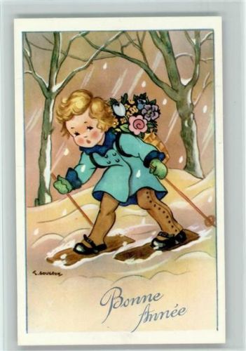 Bonne Annee - sign T. Gougeon - Mädchen auf Ski mit Gamaschen , Neujahr