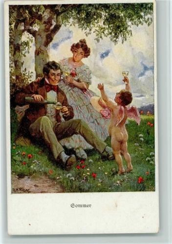 Nr. 2324 Munk Sommer - sign Höger - Unter einer Birke mit Amor Wein trinken