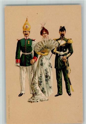 Edgar Schmidt, Dresden - Glamour Frau mit Fächer und Herren in Regimentsuniformen