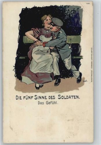 Auf der Parkbank - Die fünf Sinne des Soldaten - Litho ca 1900 AK