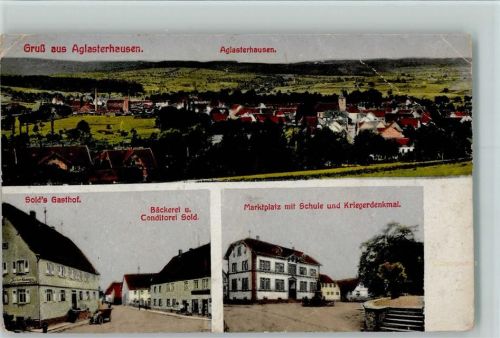 74858 W6955 Aglasterhausen 1938 Gebrauchsspuren Bäckerei Sold, Solds Gasthof, Marktplatz mit Kriegerdenkmal AK