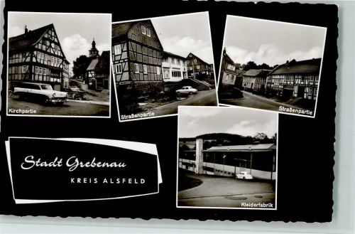 36323 W6325 Grebenau , Hess - Kirchpartie Fachwerkhäuser Kleiderfabrik Straßenpartie VW-Käfer 4-Bildaufnahme