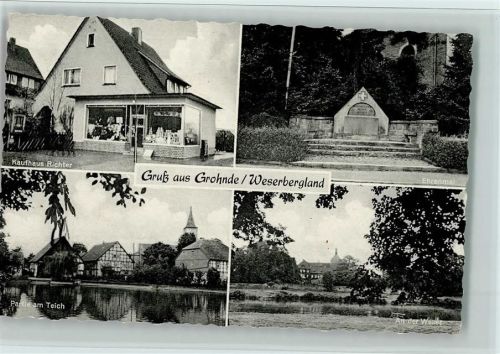 Grohnde 1956 Kaufhaus Richter, Kriegerdenkmal, Partie am Teich, gute Erhaltung AK