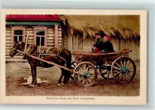 Russischer Bauer vom Markt heimkehrend AK Tiergespann, Bauernwagen , gute Erhaltung Trachten Russland 1916