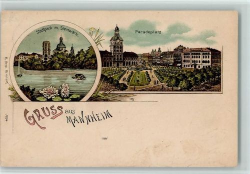 Mannheim 1898 Lithographie Stadtpark mit Sternwarte Seerosen Paradeplatz