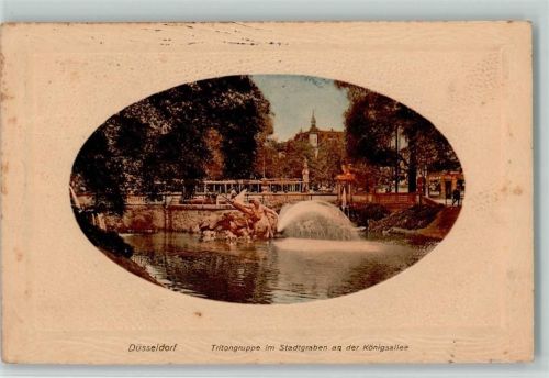 W4000 Düsseldorf Tritongruppe im Stadtgraben an der Königsallee Holzrahmen 1913 Prägedruck