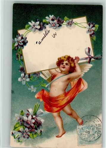 1905 Engel mit einer Karte, Veilchenblüten AK