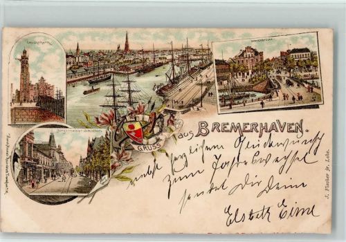 Bremerhaven 1898 Leuchtturm Hafen Geesterbrücke Bürgermeister-Schmidstraße Anker Wappen 4-Bildaufnahme