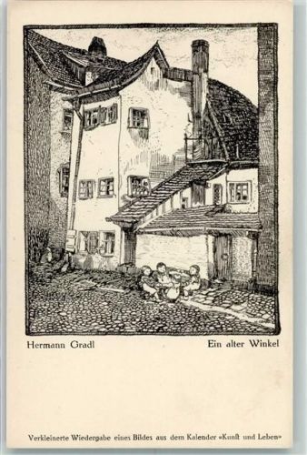 sign. Hermann Gradl Federzeichnung Schwarz-weiß-Kunst-Karte Nr. 16