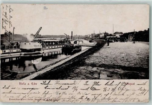Riesa Reliefdruck , plastisch ausgearbeitet Elbquai Schiff Pirna